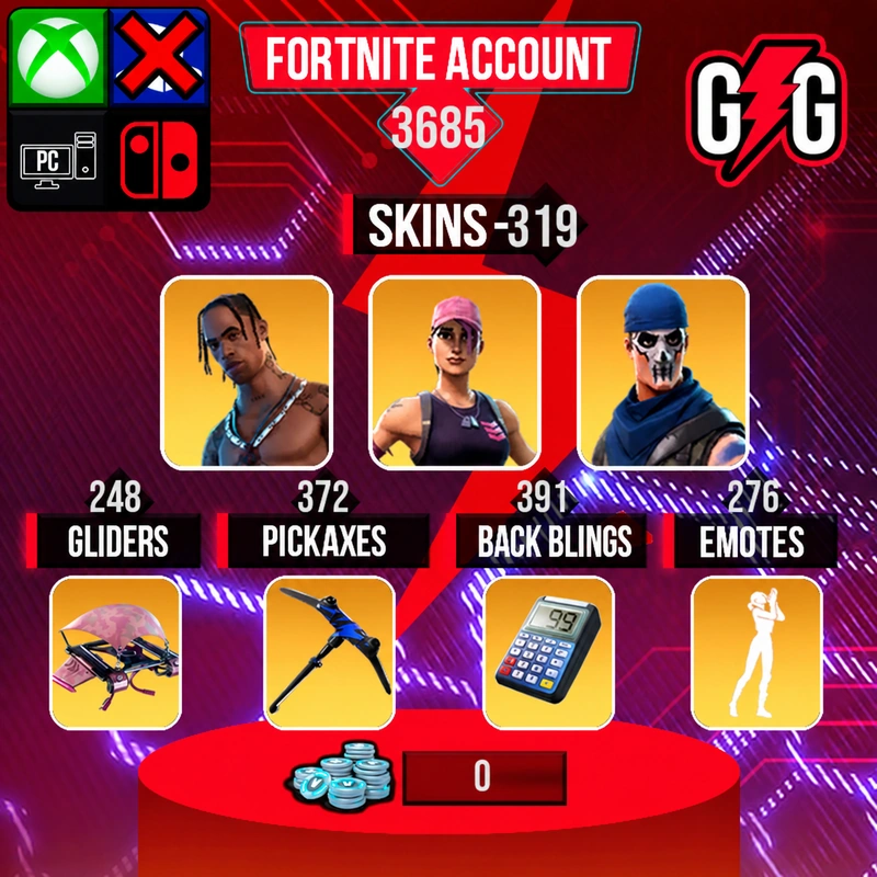 Fortnite OG compte - 319 Skins / Travis Scott / Rose Team Leader / Warpaint