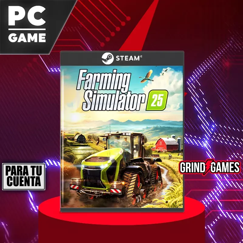 Portada de Farming Simulator 25 para PC sobre fondo rojo.