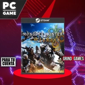 Embalaje del juego Monster Hunter Wilds para PC sobre un pedestal rojo.