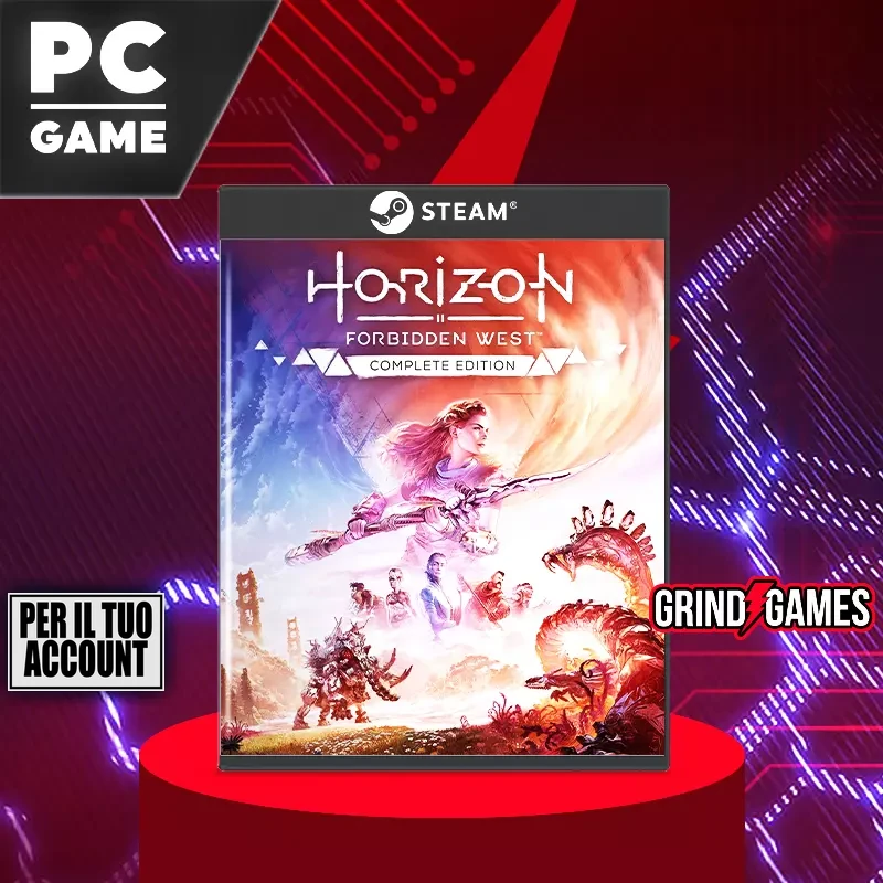 Copertina del gioco per PC Horizon Forbidden West con sfondo rosso.