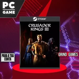 Caixa do jogo PC Crusader Kings III sobre fundo vermelho.